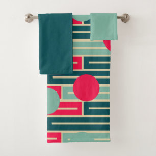 Pink, Light Blue, Teal Rectangles and Circles Bat Bath Towel Set