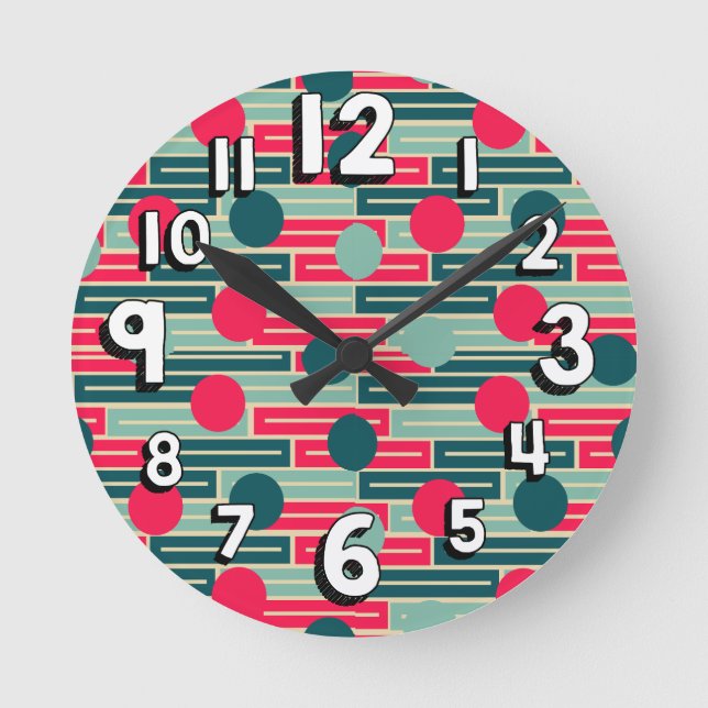 Pink, Light Blue, Teal Rectangles and Circles  Round Clock (Front)