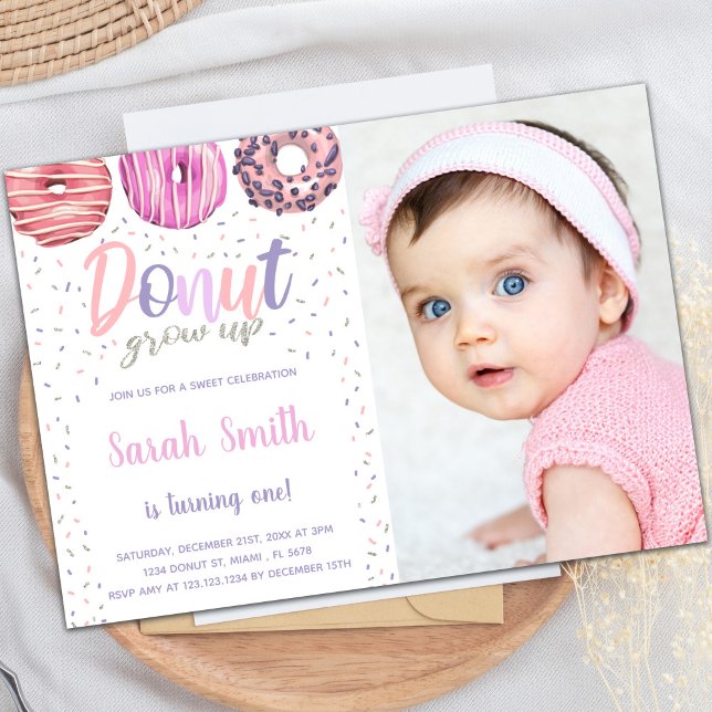 Pink Light Doughnut Birthday Invitations with phot (Pink Light Donut Birthday Invitations with photo)