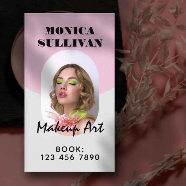Pink light grey minimalist makeup business card (Creator Uploaded)