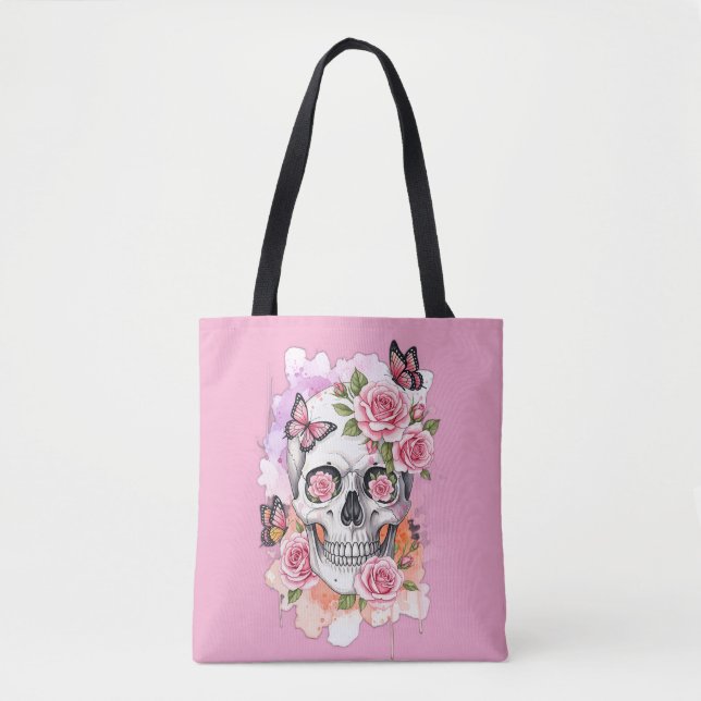 Pink Light Legacy - Gothic Skull & Rose Tote Bag (Front)