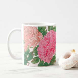 Pink & Light Peach Rose Flowers with Green Leaves Coffee Mug