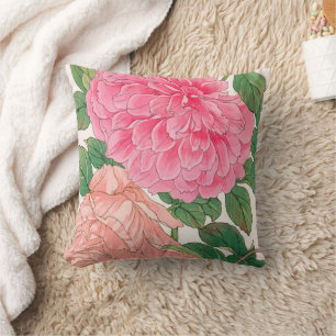Pink & Light Peach Rose Flowers with Green Leaves Cushion