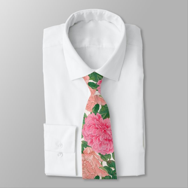 Pink & Light Peach Rose Flowers with Green Leaves Tie (Tied)