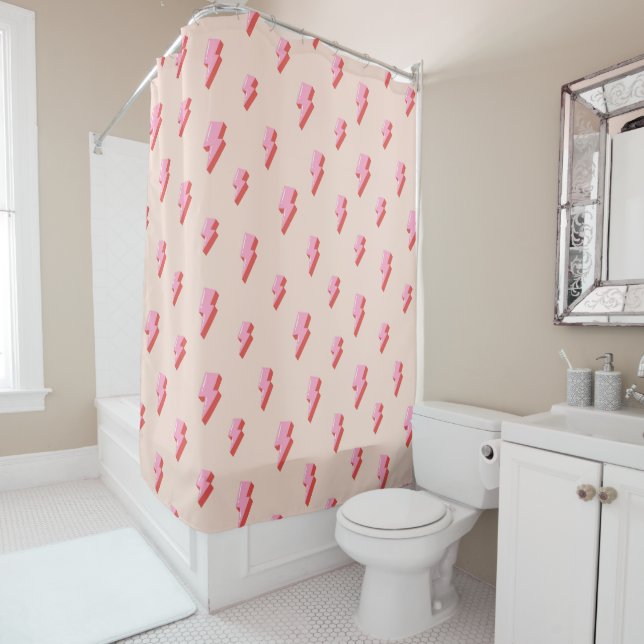 Pink Lightning Bolt Pattern Shower Curtain (In Situ)