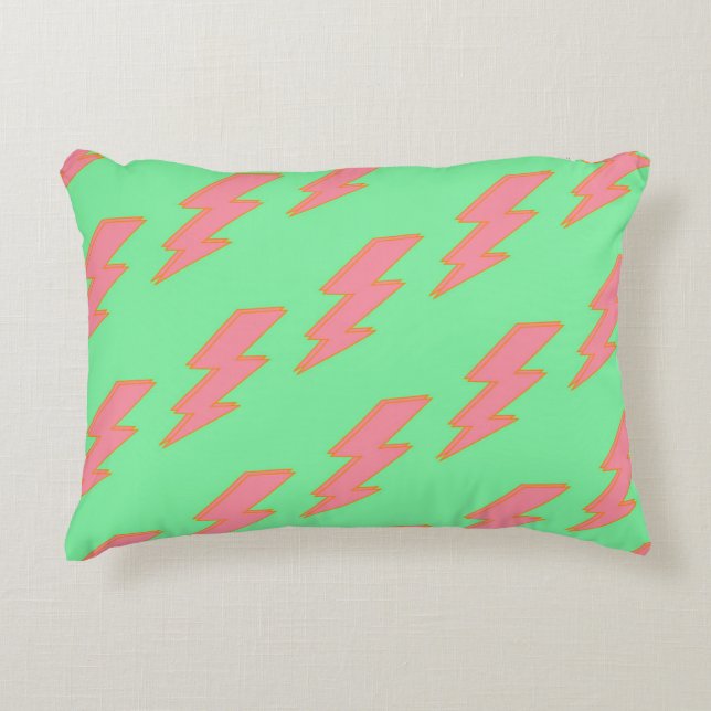 Pink Lightning Neon Green Background Y2K Pattern Decorative Cushion (Front)