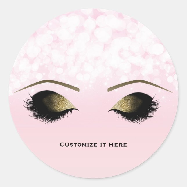 Pink Lights Glam Gold Makeup Eyelashes Sparkle Classic Round Sticker (Front)