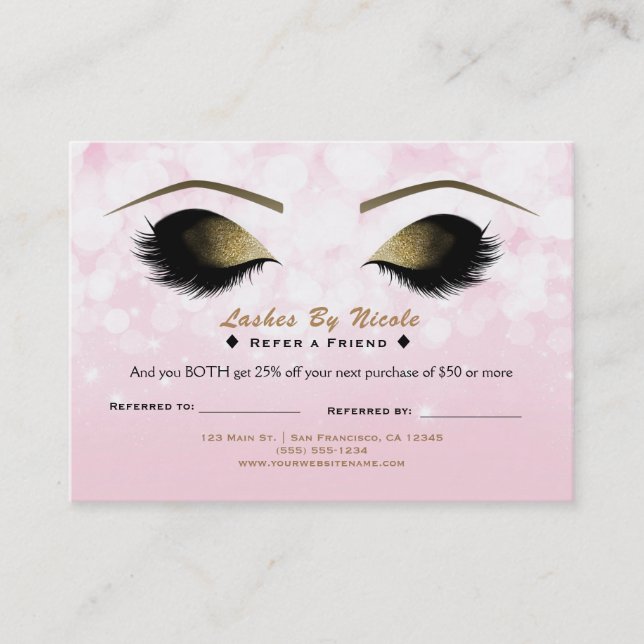 Pink Lights Makeup Lashes Refer Friend Aftercare Referral Card (Front)