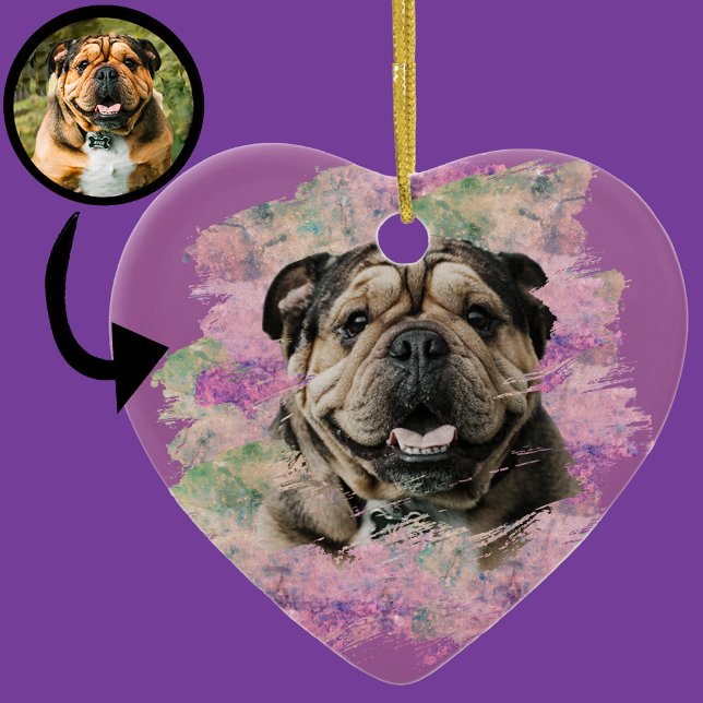 Pink Lilac Bulldog Dog Lover Heart Photo   Ceramic Ornament (Creator Uploaded)