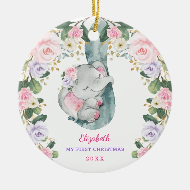 Pink Lilac Floral Elephant Baby First Christmas Ceramic Ornament (Front)
