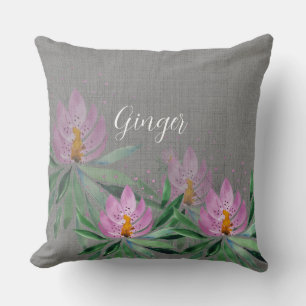 Pink Lilac Lotus Watercolor Art Monogrammed Cushion