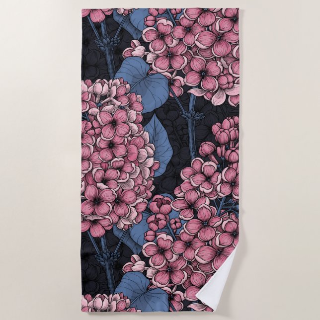 Pink lilac on dark blue beach towel (Front)