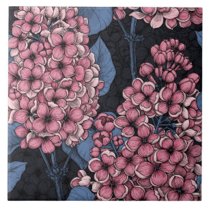 Pink lilac on dark blue ceramic tile