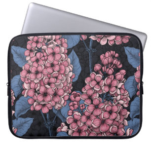 Pink lilac on dark blue laptop sleeve