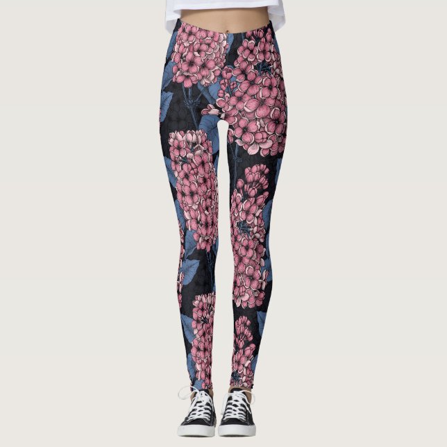 Pink lilac on dark blue leggings (Front)