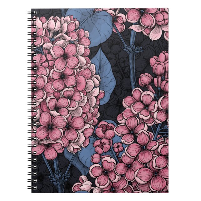 Pink lilac on dark blue notebook (Front)