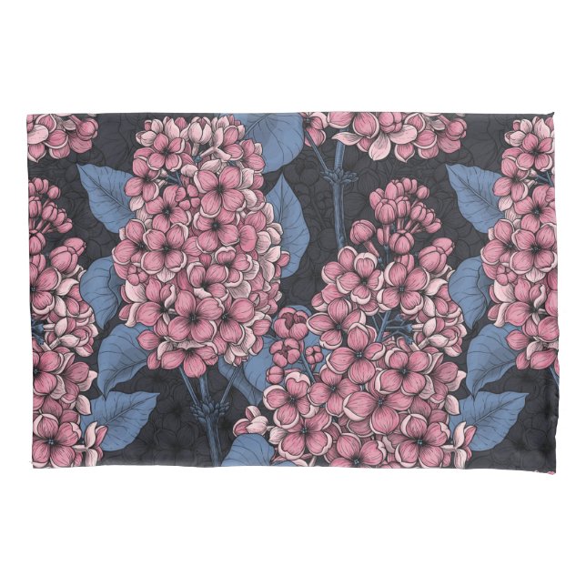Pink lilac on dark blue pillowcase (Front)