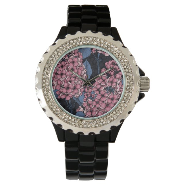 Pink lilac on dark blue watch (Front)