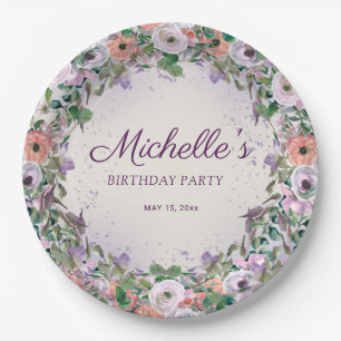 Pink Lilac Purple Watercolor Floral Birthday Paper Plate