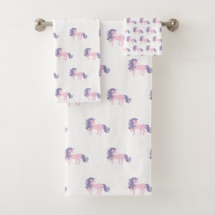 PINK LILAC UNICORN WHITE BATHROOM TOWEL SET