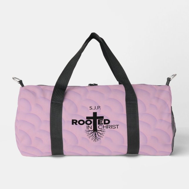 Pink Lilac Wavy Bubbles Rooted In Christ Christian Duffle Bag (Front)