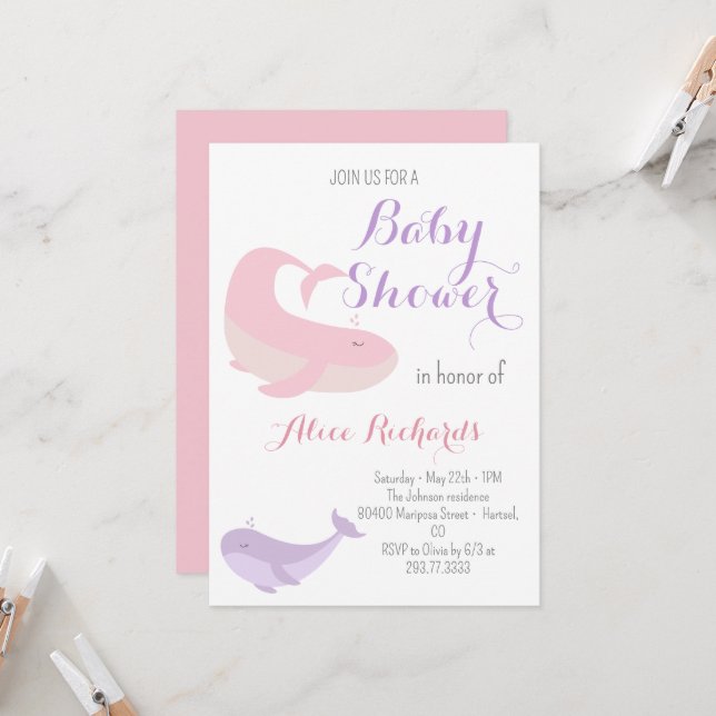 Pink Lilac Whale Pastel Ocean Fish Baby Shower  Invitation (Front/Back In Situ)