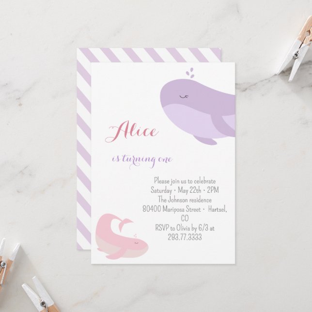 Pink Lilac Whale Sea Fish 1st Birthday Party Invitation (Front/Back In Situ)