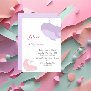 Pink Lilac Whale Sea Fish 1st Birthday Party Invitation