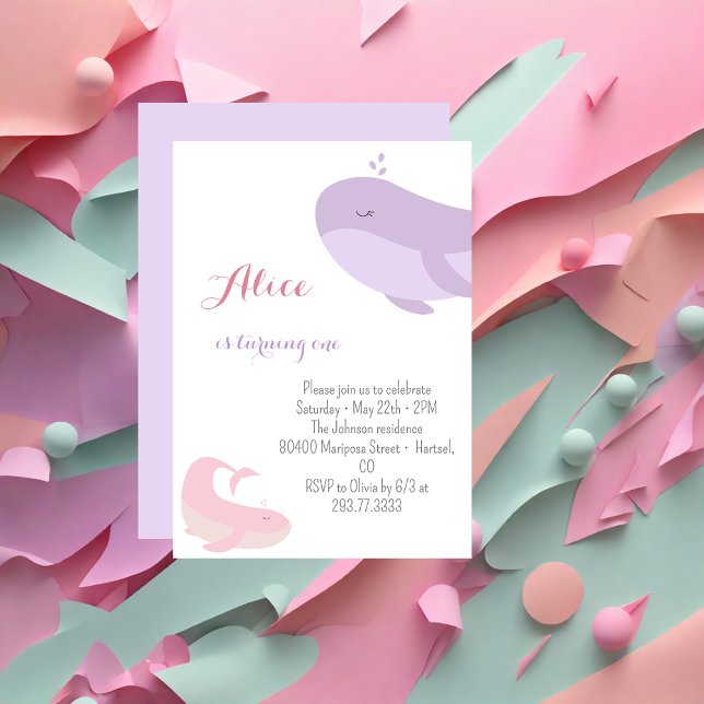 Pink Lilac Whale Sea Fish 1st Birthday Party Invitation (Creator Uploaded)