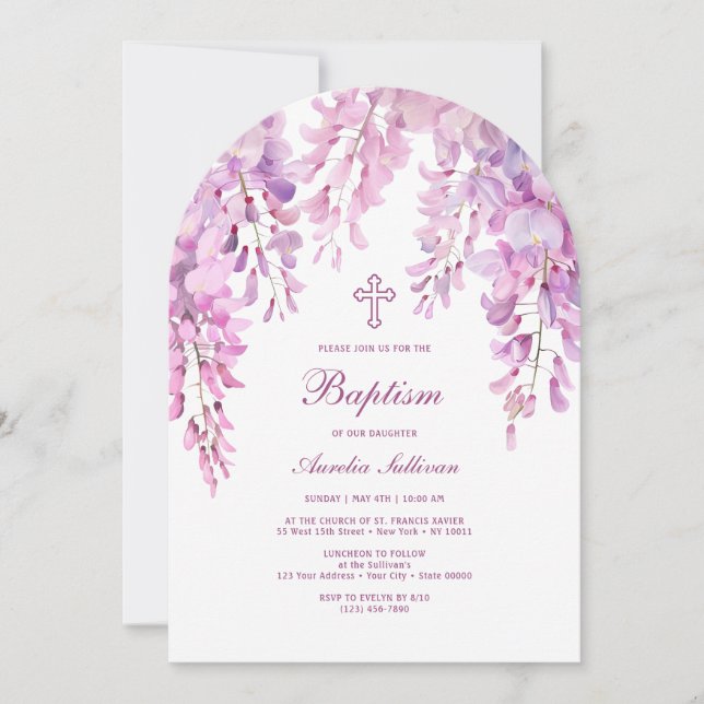 Pink Lilac Wisteria Arch Baptism Invitation (Front)