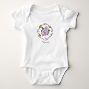 pink lilacs with buds and leaves circle watercolor baby bodysuit