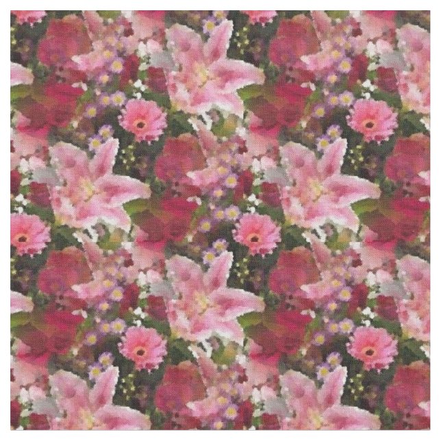 Pink Lilies and Red Roses Watercolor Floral Fabric (Close Up)