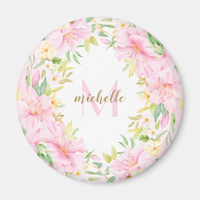 Pink Lilies Apple Blossom Cute Floral Monogram Magnet (Front)