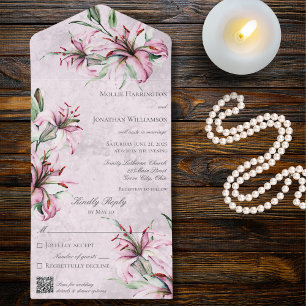 Pink Lilies on Distressed Pink QR Code All In One Invitation