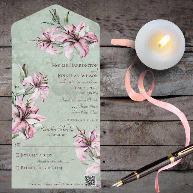 Pink Lilies on Distressed Sage Green with QR Code All In One Invitation (Creator Uploaded)