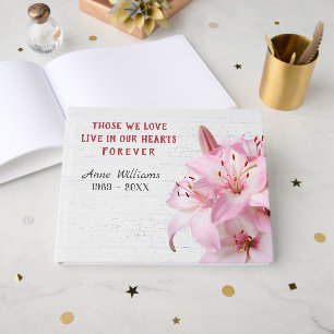 Pink Lilies On Wood Memorial Service Guest Book