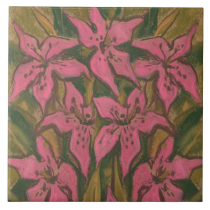 Pink Lilies, pastel painting, flowers, floral art Ceramic Tile