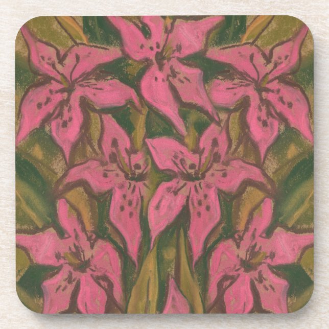 Pink Lilies, pastel painting, flowers, floral art Coaster (Front)
