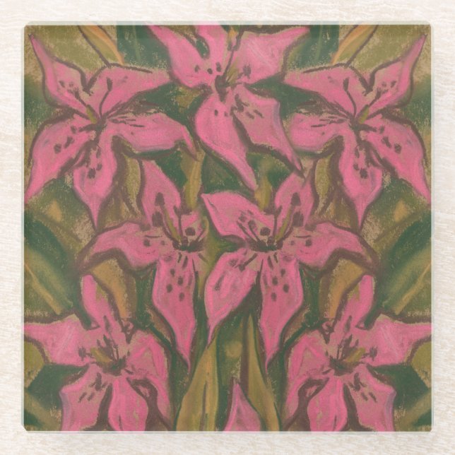Pink Lilies, pastel painting, flowers, floral art Glass Coaster (Front)