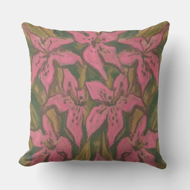 Pink Lilies, pastel painting, flowers, floral art Outdoor Cushion (Front)