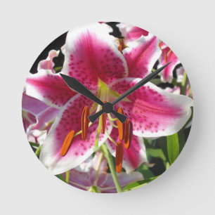 Pink lilies pink tropical flowers pink floral round clock