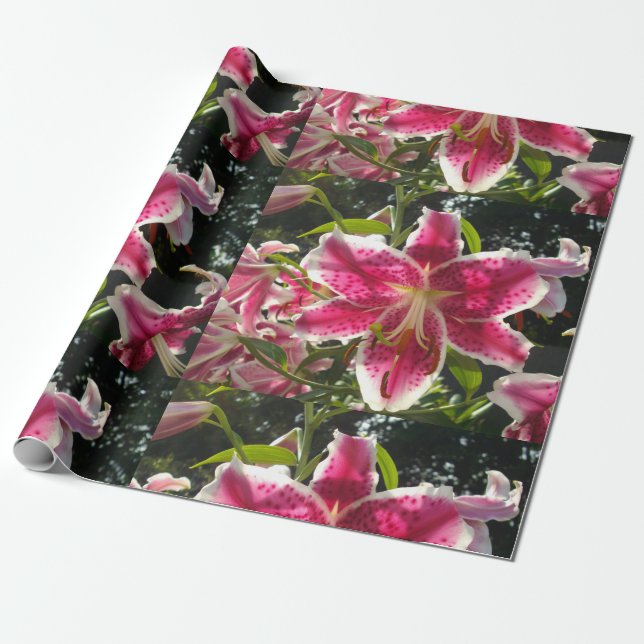 Pink lilies pink tropical flowers pink floral wrapping paper (Unrolled)