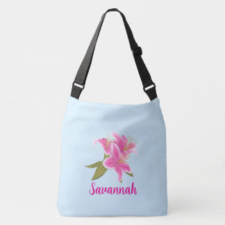 Pink Lillies on Blue Background  Crossbody Bag