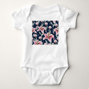 Pink Lilly Flower Seamless Pattern. Baby Bodysuit