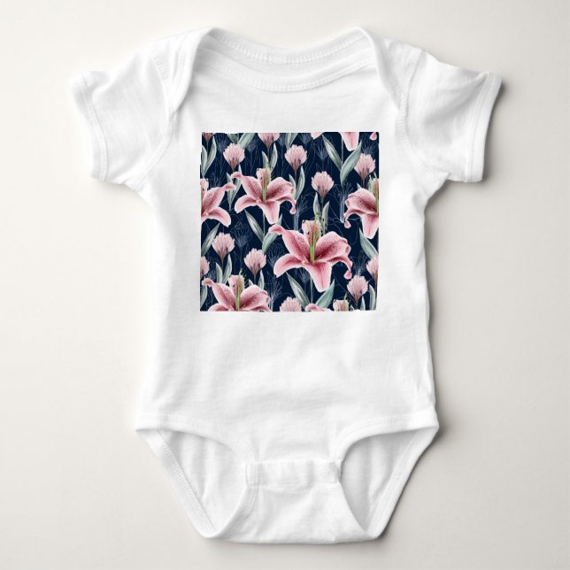 Pink Lilly Flower Seamless Pattern. Baby Bodysuit (Front)