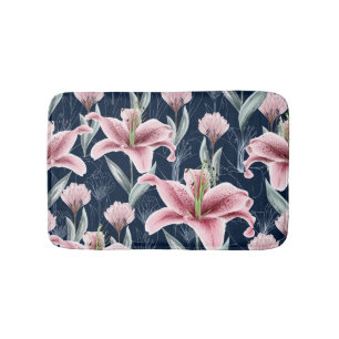 Pink Lilly Flower Seamless Pattern. Bath Mat