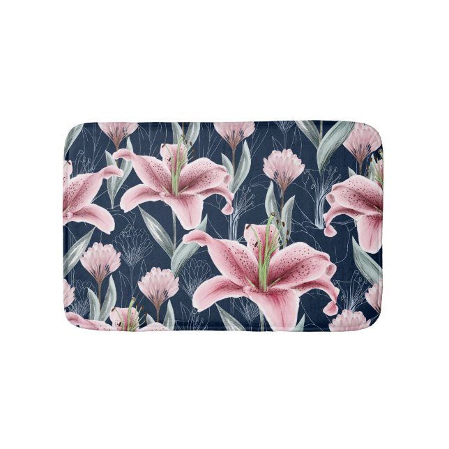 Pink Lilly Flower Seamless Pattern. Bath Mat (Front)
