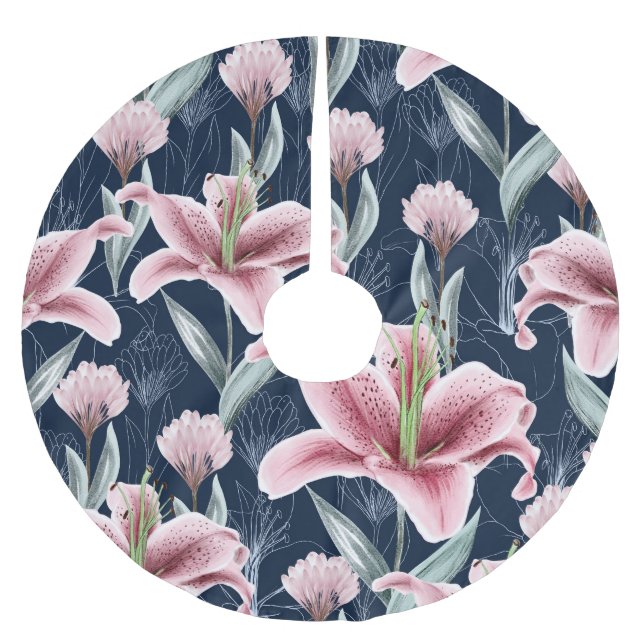 Pink Lilly Flower Seamless Pattern. Brushed Polyester Tree Skirt (Front)