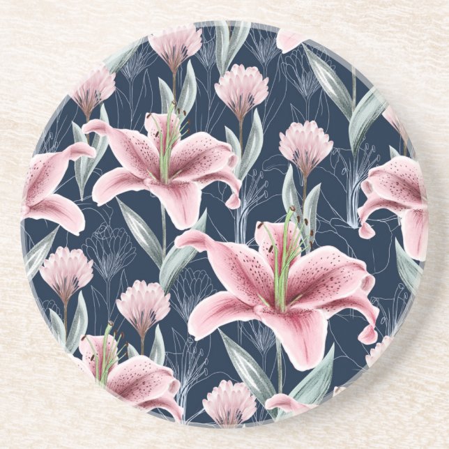 Pink Lilly Flower Seamless Pattern. Coaster (Front)