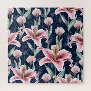 Pink Lilly Flower Seamless Pattern. Jigsaw Puzzle